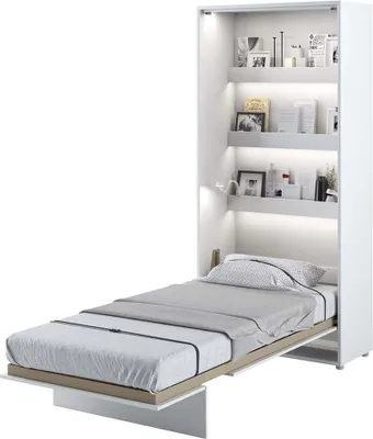 A white wall-mounted bed unit with shelves above, pulled out and made up with bedding.