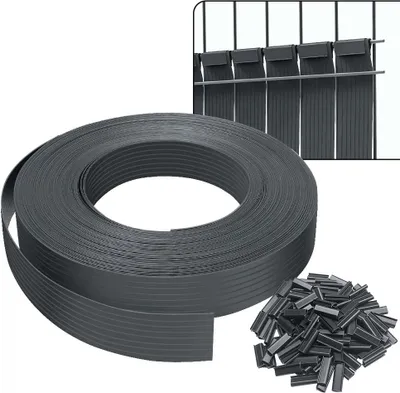 A roll of grey privacy screening material and a pile of clips, with an inset image showing the material installed on a fence.