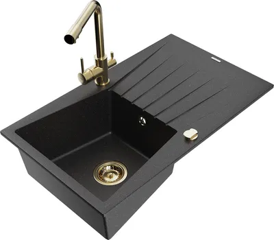 Produktbild von Mexen Cesar 1 Becken-Granitspüle mit Abtropffläche und Mischbatterie Duero, Schwarz/Silbermetallic - 6514-73-671600-50