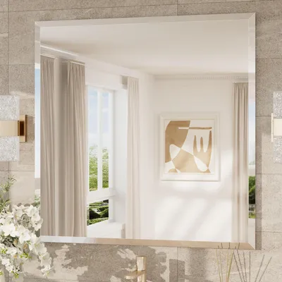 Image de Miroir de salle de bain rectangulaire, 90x90 cm, miroir mural sans cadre avec bord biseauté