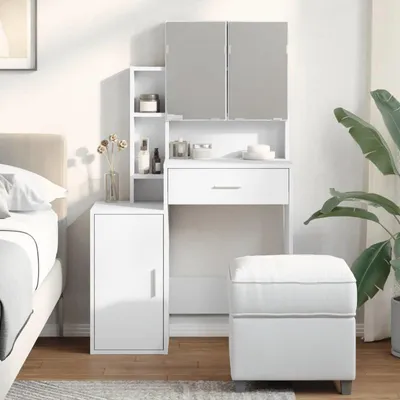 Immagine prodotto di Comò da trucco - Comò bianco con specchio e cassetti - Mobile compatto di 80x35x132 cm
