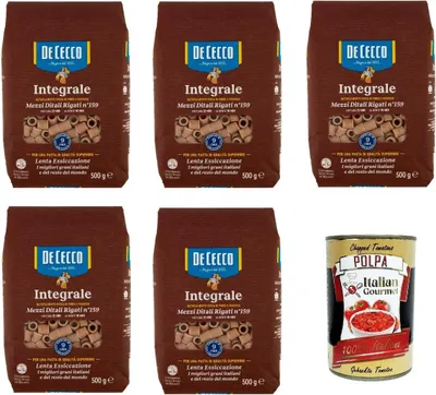 Produktbild von De Cecco Integrale Mezzi Ditali Rigati N° 159, Pasta integrale, Vollkornnudeln, 5x 500g + Italian Gourmet polpa 400g