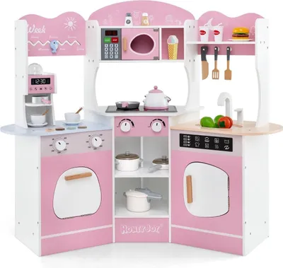 Produktbild von Holz Eck Spielküche mit Sound & Licht & Kaffeemaschine & Rutsche Kleinkind Küchen Spielset Rosa