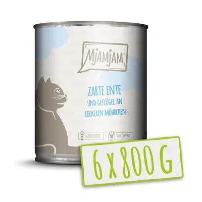 Produktbild von MjAMjAM zarte Ente & Geflügel an leckeren Möhrchen, Adult, jede Rasse, Karotte, Ente, 800 g, Getreidefrei
