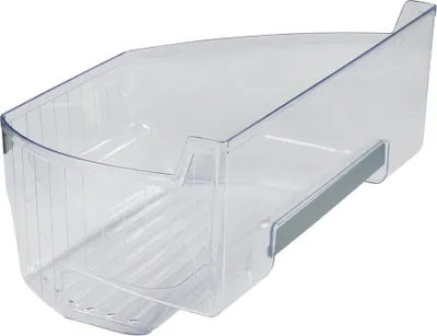 A clear plastic refrigerator drawer with a gray handle.
