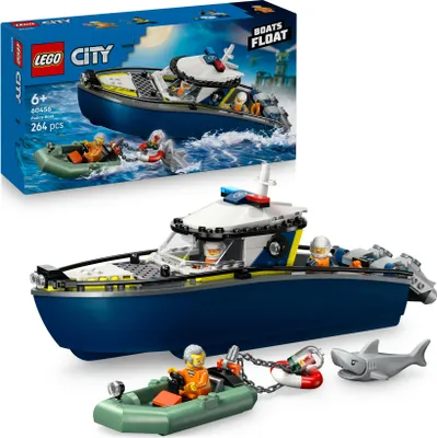 Produktbild von LEGO City Verfolgungsjagd im Polizeiboot  –  Spielset mit schwimmfähigem Schnellboot, Schlauchboot des Ganoven, 3 Mini-Figuren und einer Haifigur – Geschenk für Jungen und Mädchen ab 6 Jahren – 60456