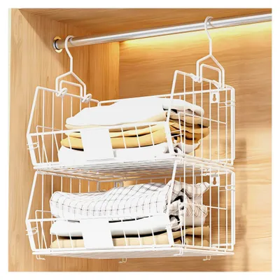 Produktbild von Hängeregal mit 2 Etagen, Kleiderschrank-Organizer, stapelbare Aufbewahrungsbox, platzsparendes Hängeregal für Kleidung und Accessoires mit 2 Haken