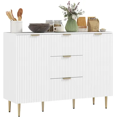 Image de Buffet meuble cuisine rangement avec 3 tiroirs, šŠtagššres ršŠglables, placards š€ portes cannelšŠes, 120 x 40 x 90 cm, blanc