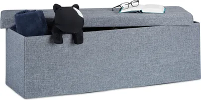 Produktbild von Relaxdays Faltbare Sitzbank XXL, Sitzcube mit Stauraum, Sitzwürfel aus Leinen, mit Deckel, HBT 38x114x38 cm, dunkelgrau