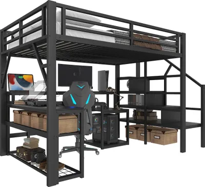 Produktbild von Hochbett mit RGB LED-Streifen, Schreibtisch, Regal, Lattenrost, Treppe, Rausfallschutz, Steckdosen und USB, 140x200cm, Metallbett, Kinderbett