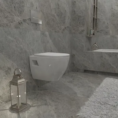A modern bathroom with a wall-mounted toilet, marble-effect tiles, and a decorative lantern.