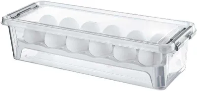 A clear plastic egg holder filled with white eggs, presented on a white background.