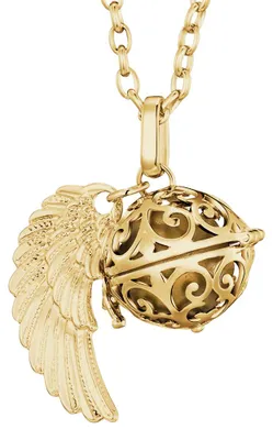 Produktbild von Morella Damen Halskette gold Edelstahl 70 cm mit goldenem Anhänger Engelsflügel und Klangkugel gold Ø 16 mm in Schmuckbeutel