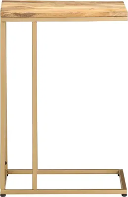 A side view of a narrow side table with a wooden top and a gold metal frame.