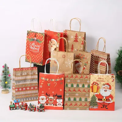 Produktbild von 12 Stück Papier Weihnachtsgeschenktüten mit Henkel - braune Kraft-Geschenktüten