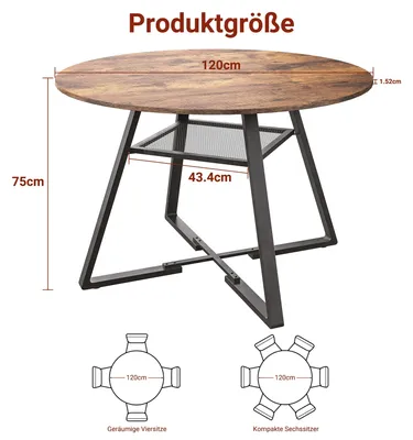 Produktbild von Runder Esstisch - Esszimmertisch - 120 x 120 x 75 cm - Für 4 Personen - MDF - Metallgestell - Aufbewahrungssäule - Moderner Stil
