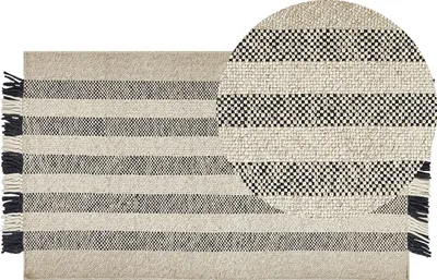 Produktbild von BELIANI Teppich Cremeweiß / Schwarz Wolle 80 x 150 cm Rechteckig Handgewebt Streifenmuster Kurzflor Läufer mit Fransen Boho Wohnzimmer Schlafzimmer