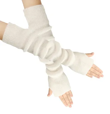 Produktbild von Armstulpen Damen Lang Weiß Fingerlos Gestrickt mit Daumenloch 1 Paar