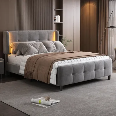 Produktbild von Merax Polsterbett 140x200cm mit LED und Seitenohren, Doppelbett aus Samt mit höhenverstellbares Kopfteil, Metallkiel, Steppdesign, Grau