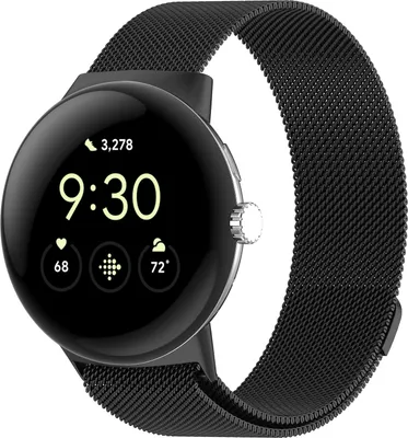 A black smartwatch with a Milanese loop band is shown against a white background.