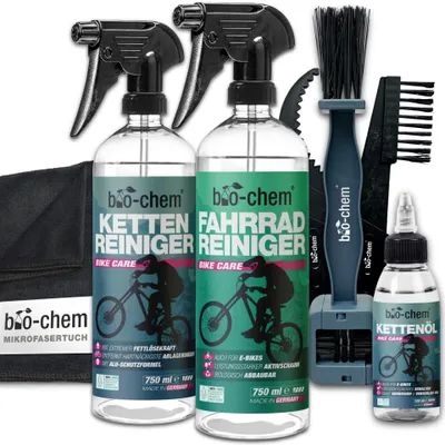 Produktbild von bio-chem Fahrrad Reinigungsset PROFI 7-teilig - Effektives & materialschonendes Pflegeset: 1x Fahrradreiniger 750ml + 1x Kettenreiniger 750ml + 1x Kettenöl 100 ml + 3x Reinigungsbürste