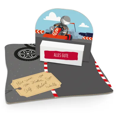 Produktbild von itenga Geldgeschenkverpackung Kartfahrer (Motiv 99) mit Bodenplatte, Karte