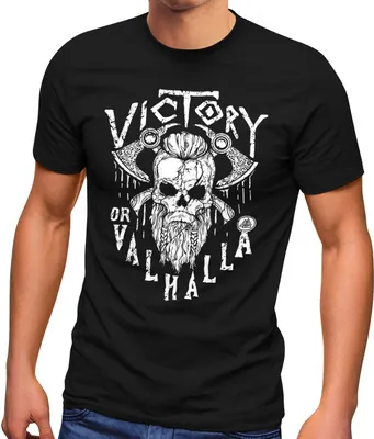 Produktbild von Herren T-Shirt Victory or Valhalla Skull Totenkopf Wikinger Print Fashion Streetstyle Neverless® schwarz 5XL