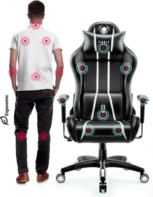 A person standing next to a gaming chair, with red circles highlighting ergonomic points on the person and the chair.