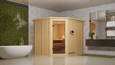 Produktbild von Karibu Sauna Innensauna Malin Eckeinstieg Ofen 9 KW externe Strg easy 231x196x198 cm ohne Dachkranz mit Bronzierte Tür