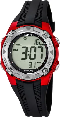 A digital watch with a red and black strap and a silver bezel.