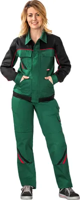 A woman wearing a green, black, and red work uniform.