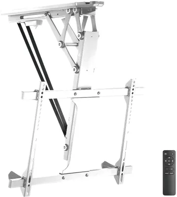 A motorized, foldable TV ceiling mount is shown against a white background.