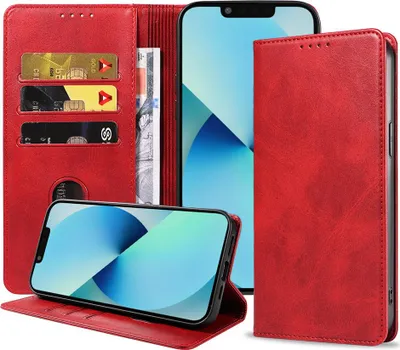 Produktbild von Smartphonica iPhone  13 Kunstledertasche mit Magnetverschluss und Kartenhaltern Buchhülle - Rot