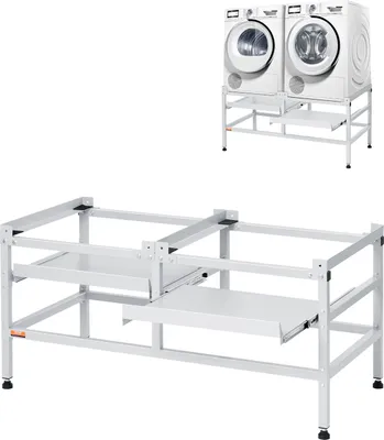 A product shot of a washing machine stand with two washing machines on top, and a separate shot of the stand alone.
