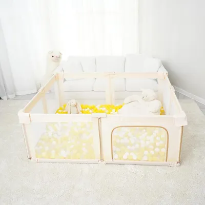 Produktbild von Baby Laufstall - Faltbares Spielgitter - Sicherheitslaufgitter 130×130×70 cm - Metallrahmen - Tragbarer Spielbereich für Zuhause - Beige