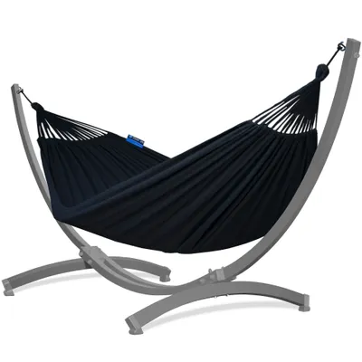 Produktbild von Potenza Outdoor Hängematte mit Verzinkter Tytan Gestell für 2 Personen I Baumwolle Doppelhängematte XXL 220x160, 200kg I Grau  Hängemattengestell 350 kg, wetterfest