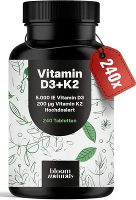 Produktbild von Bloom Naturals Vitamin D3 K2 240 Tabletten 5000 IE D3 200µg K2