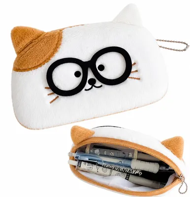 Produktbild von Federmäppchen Plüsch Mäppchen Katzen Motiv Schulmäppchen Kosmetiktasche Organizer 19x13 cm Weiß