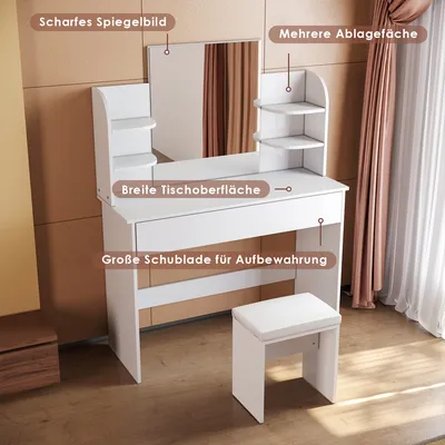Zdjęcie produktu dla Toczek do makijażu SONNI, biały, 108×40×140 cm, z lustrem i stołkiem