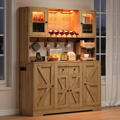 Imagen del producto de Armario de cocina Flieks con puertas, armario de almacenamiento con luces LED y enchufes, vitrina con estantes para vino y portavasos, 140x40x173 cm, color natural