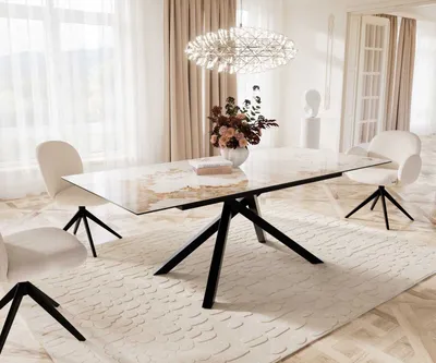 Produktbild von DELIFE Esstisch Edge 180-220x100 Keramik Minas Melange Weiß-Beige Kreuzgestell Rechteck Schwarz ausziehbar