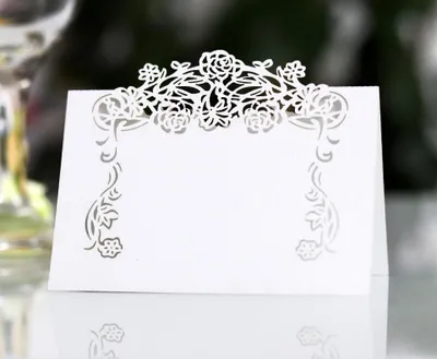 100 Tischkarten blanko, Hochzeit, Retro, Blumen, 12x9 cm, Weiß