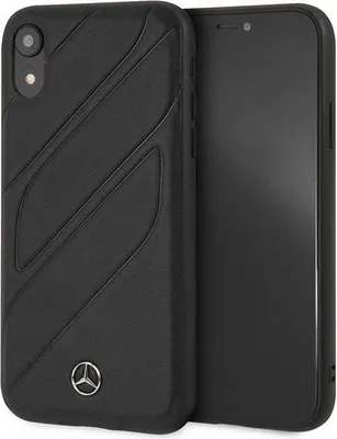 A black iPhone case with a Mercedes-Benz logo is shown next to an iPhone.