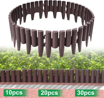 A product image showing brown plastic garden edging in a curved shape and a straight line, with green foliage in the background and text overlays at the bottom indicating quantities.