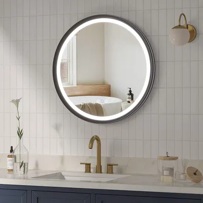 Produktbild von AQUABATOS Wandspiegel Dekorspiegel runder Badezimmerspiegel Ø 60 cm LED Badspiegel mit 6400K & 3000K Beleuchtung Mattschwarzer Aluminiumrahmen Antibeschlag