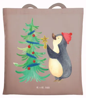 Produktbild von Mr. & Mrs. Panda Jutebeutel Pinguin Weihnachtsbaum - Braun Pastell - Geschenk, Tasche, Winter, Schultasche, Tote Bag, Weihnachten, canvas, Laptoptasche