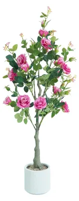 Image de Rosier artificiel - Plante artificielle en pot de 120 cm - Plante à fleurs pour la décoration d'intérieur - Rouge rose - 1 pièce