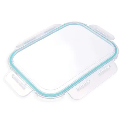 A clear plastic food container lid with light blue accents and locking tabs, shown from a slightly elevated diagonal angle against a white background.