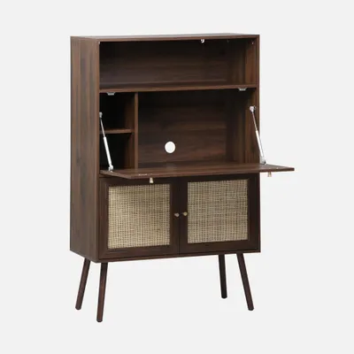 Produktbild von sweeek - Schreibschrank / Sekretär, 2 Türen und Regale, Holzdekor und Rattan-Geflecht - Nussbaumfarben