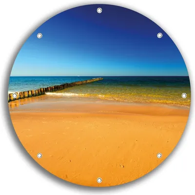 Produktbild von Wallario rundes Outdoor-Poster für Garten oder Balkon, Motiv Sandstrand in orange - Blaues Meer - Blauer Himmel, 30 cm Durchmesser